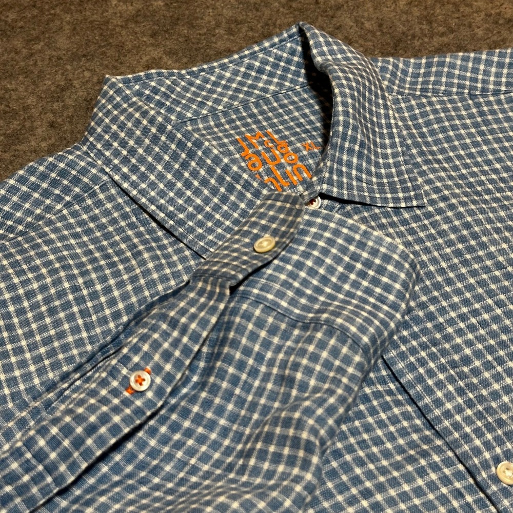 J.McLaughlin Linen Shirt Mens XL Blue Gingham Check Long Sleeve Coastal Resort